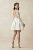 Simple A Line Short Knee-length Satin Lace Bateau Long Sleeve Wedding Dress