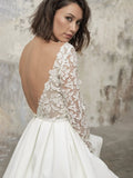 Simple A Line Short Knee-length Satin Lace Bateau Long Sleeve Wedding Dress