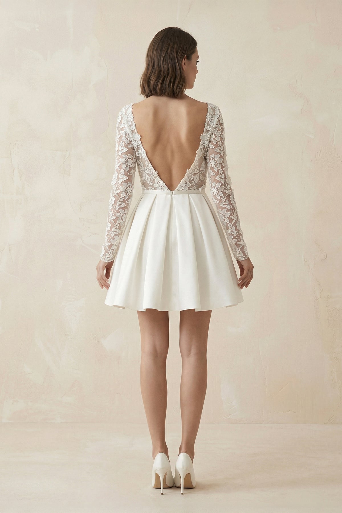 Simple A Line Short Knee-length Satin Lace Bateau Long Sleeve Wedding Dress
