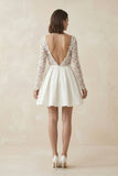 Simple A Line Short Knee-length Satin Lace Bateau Long Sleeve Wedding Dress