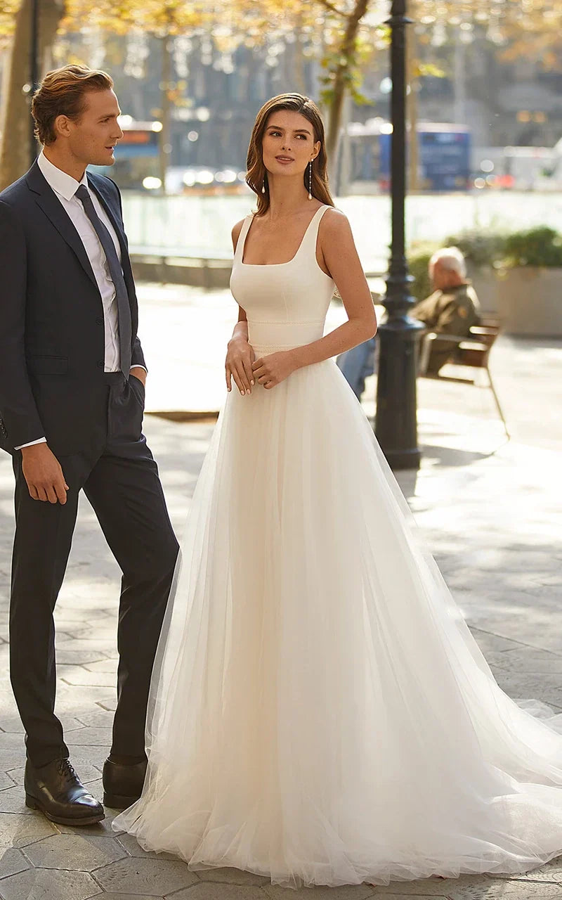 Simple A-Line Minimalist Casual Square Tulle Wedding Dress with Sweep Train