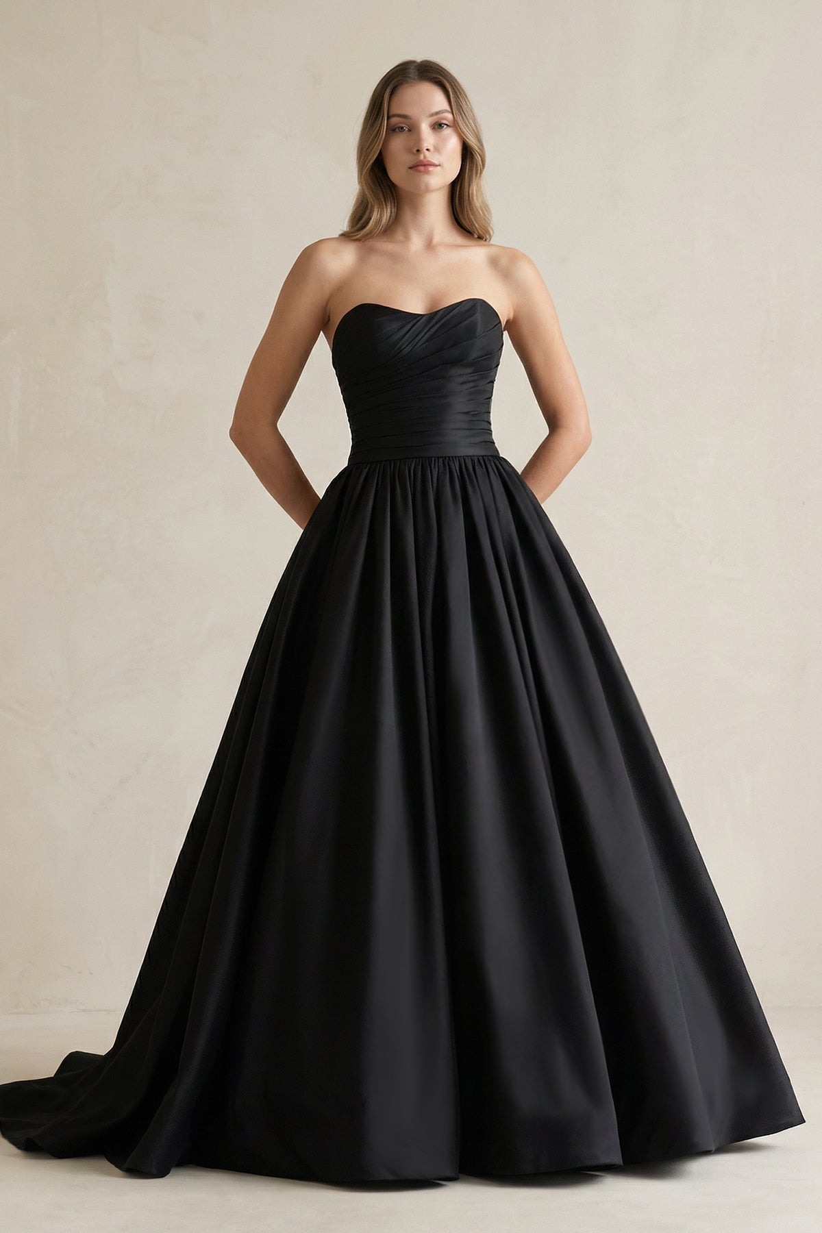Simple Satin Ball Gown Ruched Wedding Dress in Black