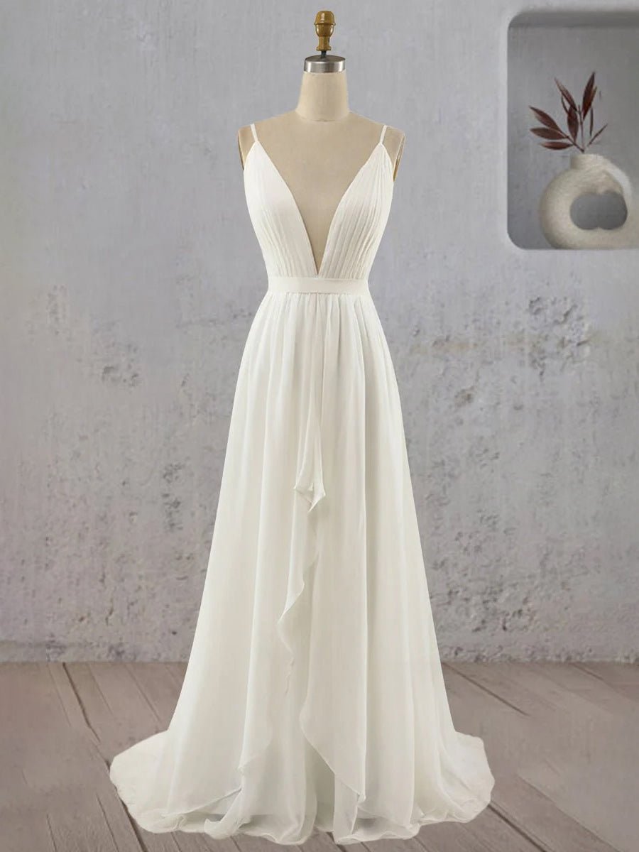 A-Line V Neck Straps Spaghetti Sheath Chiffon Wedding Dress