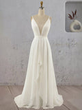 A-Line V Neck Straps Spaghetti Sheath Chiffon Wedding Dress