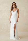 Simple Mermaid Satin Wedding Dress With Split Front And Deep-V Back