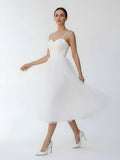 A-Line Spaghetti Straps White Satin Tulle Tea-Length Wedding Dresses