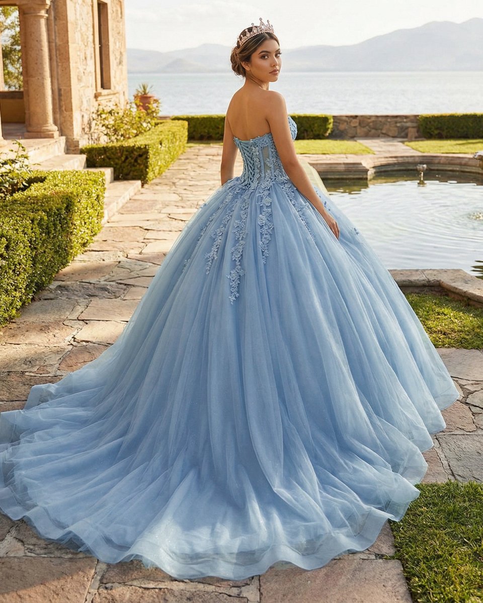 Sky Blue Ball-Gown Tulle 3D Flowers Sweetheart Quinceanera Dresses