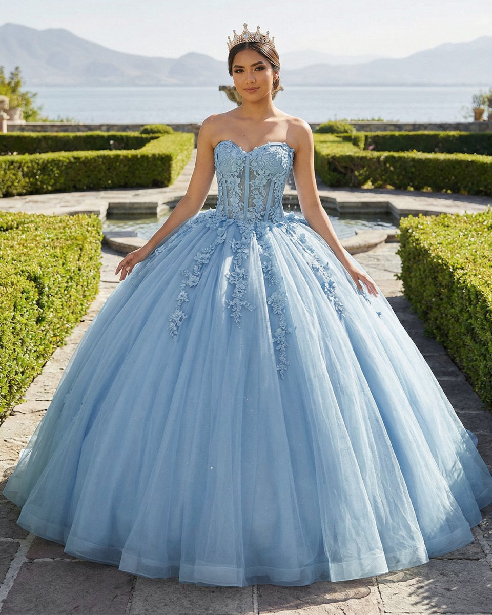 Sky Blue Ball-Gown Tulle 3D Flowers Sweetheart Quinceanera Dresses
