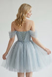 Fairy-tale Tulle Beaded Off-the-Shoulder Lace-Up Back A-Line Party Dress