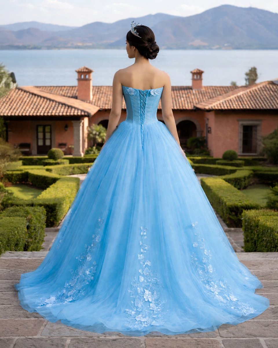 Sky Blue Tulle 3D Flowers Quinceanera Dresses With Train