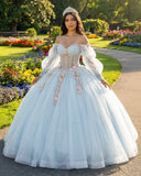 Sky Blue Quinceanera Dresses with 3D Flowers and Half Sleeve