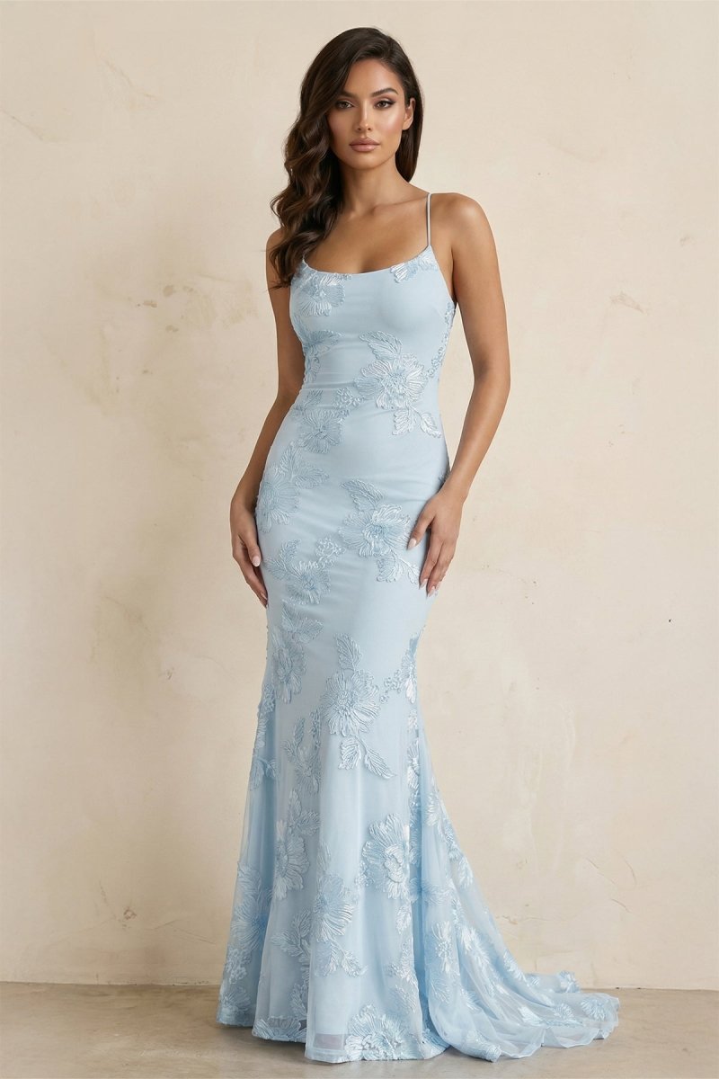 Sky Blue Spaghetti Straps Mermaid Tulle Long Prom Dresses With Appliques