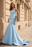 Black Square Neck Mermaid Satin Long Prom Dresses With Pearls