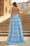 Gray Sweetheart A Line Satin Ruffled Long Prom Dresses With Slit