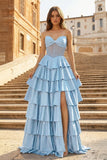 Gray Sweetheart A Line Satin Ruffled Long Prom Dresses With Slit