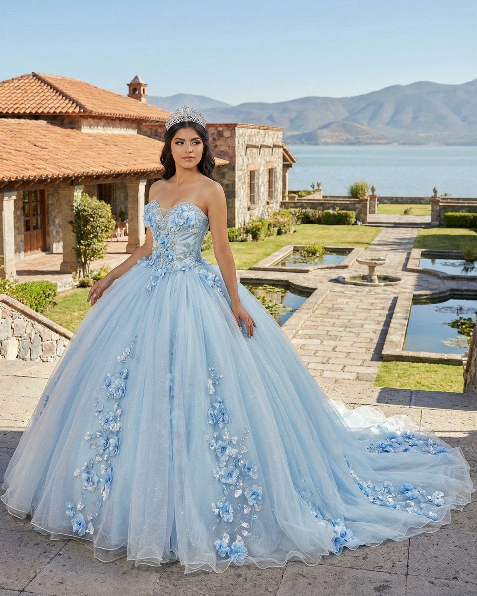 Sky Blue Tulle Ball-Gown Strapless Sleeveless Quinceanera Dresses