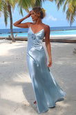 Sky Blue Spaghetti Straps Sheath Satin Backless Long Formal Prom Dresses With Flower
