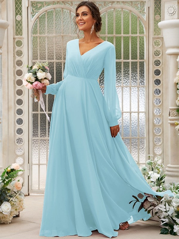 A-Line/Princess Chiffon Ruched V-neck Long Sleeves Floor-Length Bridesmaid Dresses Mother of the Bride Dress