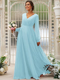 A-Line/Princess Chiffon Ruched V-neck Long Sleeves Floor-Length Bridesmaid Dresses Mother of the Bride Dress