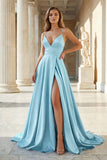 Pink Spaghetti Straps Satin Backless A Line Prom Dress With Pockets