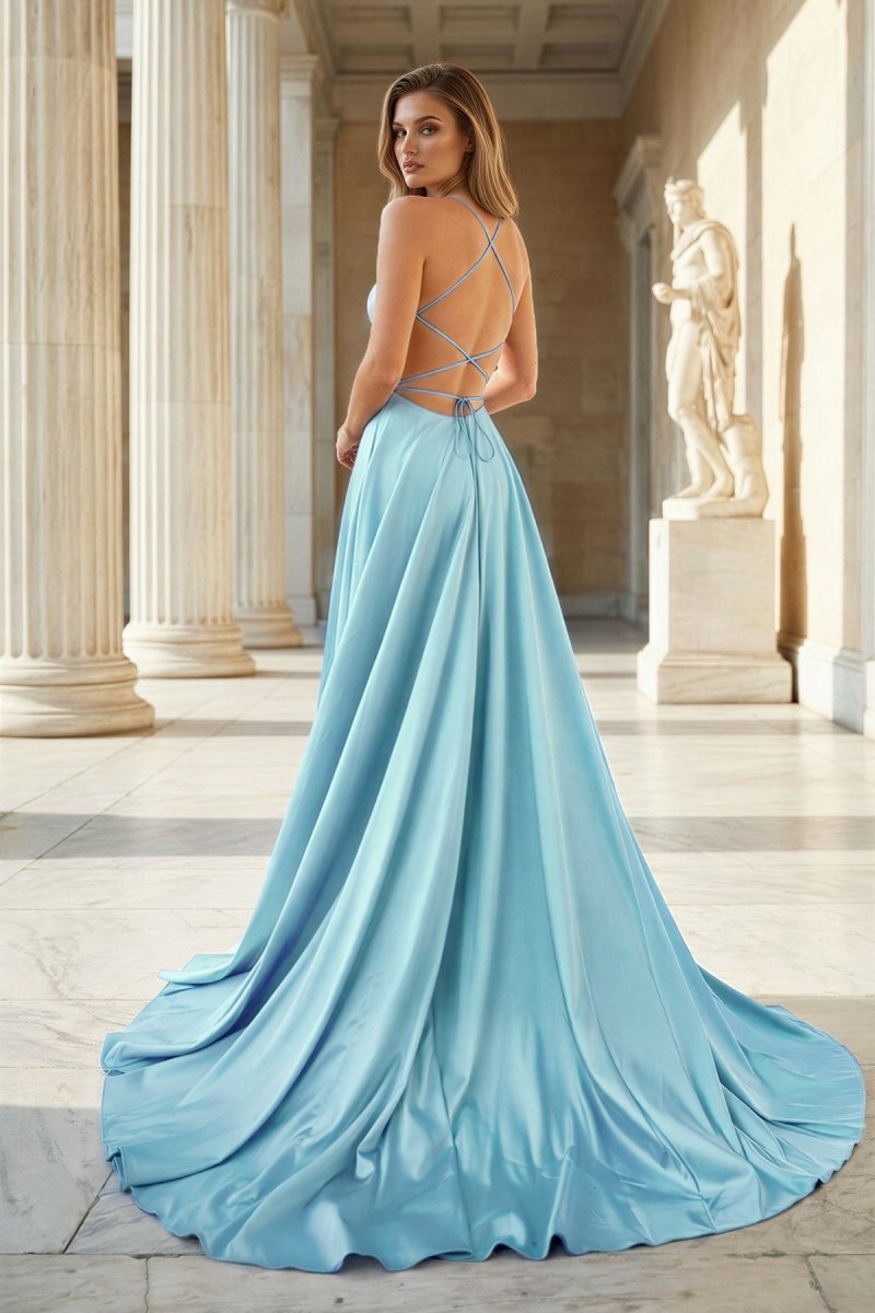 Pink Spaghetti Straps Satin Backless A Line Prom Dress With Pockets