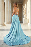 Pink Spaghetti Straps Satin Backless A Line Prom Dress With Pockets