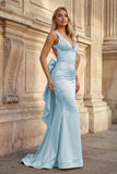 Coral Pink Mermaid V Neck Satin Open Back Long Prom Dresses With Bow