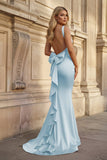 Coral Pink Mermaid V Neck Satin Open Back Long Prom Dresses With Bow