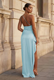Pink One Shoulder Sheath Satin Long Prom Dresses With Slit