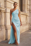 Pink One Shoulder Sheath Satin Long Prom Dresses With Slit