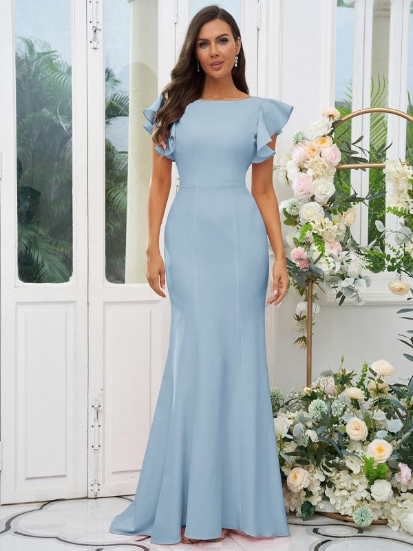 Sheath/Column Stretch Crepe Ruffles Scoop Short Sleeves Sweep/Brush Train Bridesmaid Dresses Evening Dress