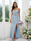 A-Line/Princess Stretch Crepe Ruched V-neck Sleeveless Floor-Length Bridesmaid Dresses Evening Dress