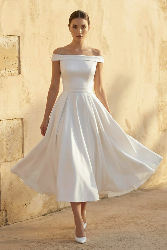 Sleeveless Tea-Length Satin Wedding Dress With Sash And Off-The-Shoulder Neck