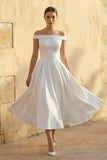 Sleeveless Tea-Length Satin Wedding Dress With Sash And Off-The-Shoulder Neck