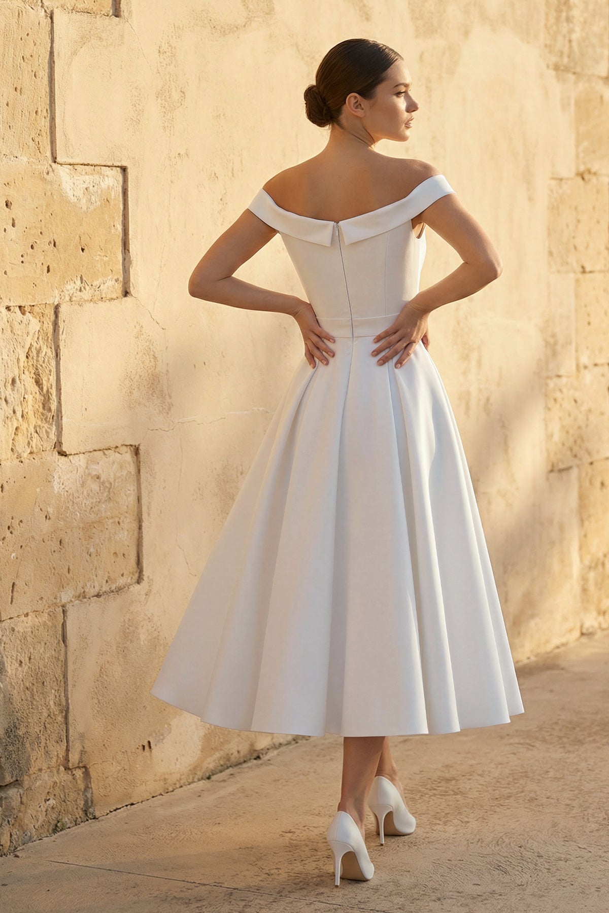 Sleeveless Tea-Length Satin Wedding Dress With Sash And Off-The-Shoulder Neck