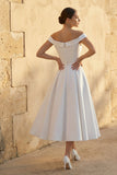 Sleeveless Tea-Length Satin Wedding Dress With Sash And Off-The-Shoulder Neck