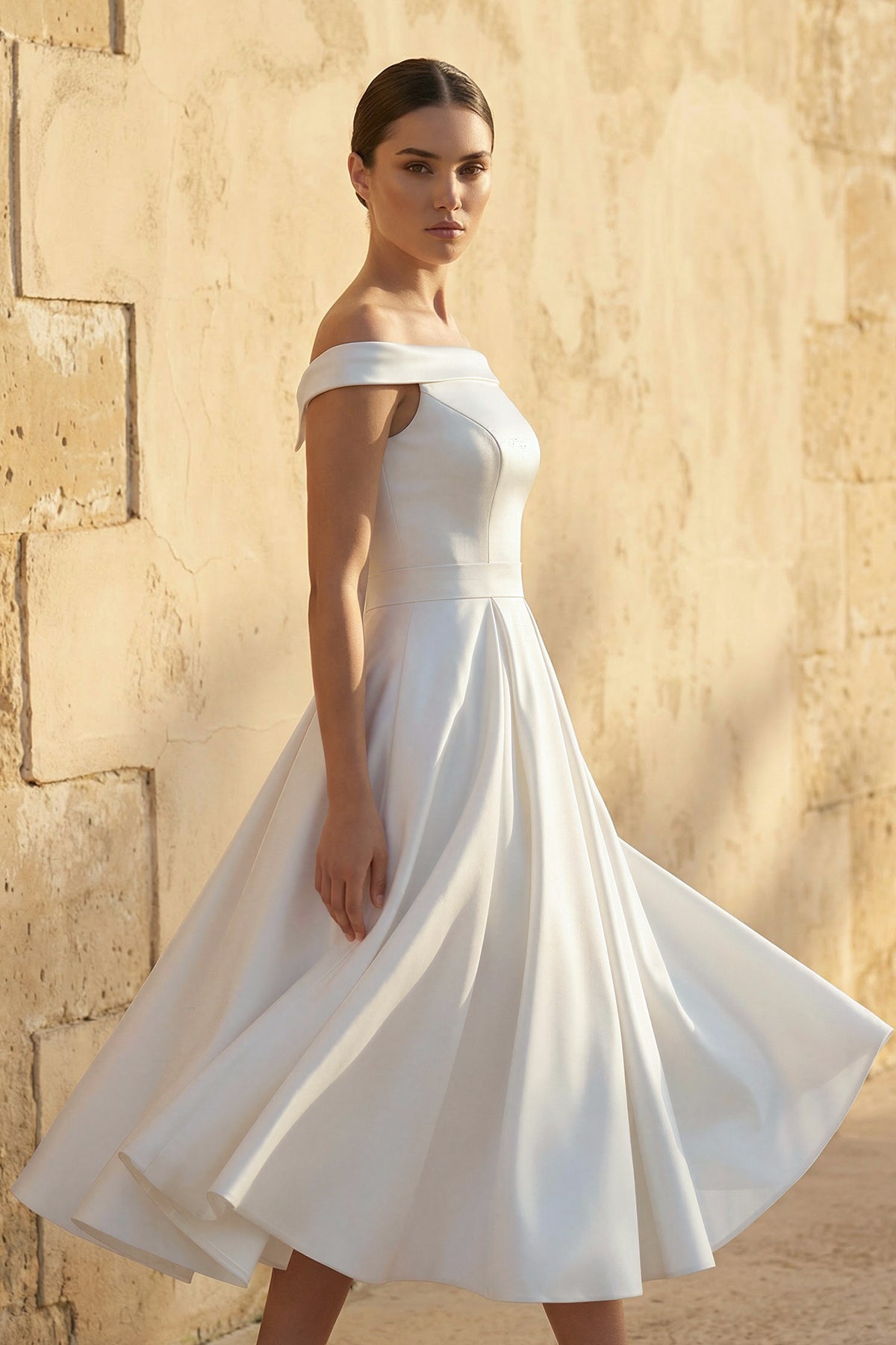 Sleeveless Tea-Length Satin Wedding Dress With Sash And Off-The-Shoulder Neck