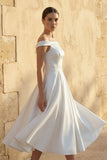 Sleeveless Tea-Length Satin Wedding Dress With Sash And Off-The-Shoulder Neck