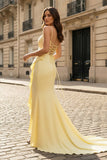 Yellow Spaghetti Straps Mermaid Satin Formal Prom Dress
