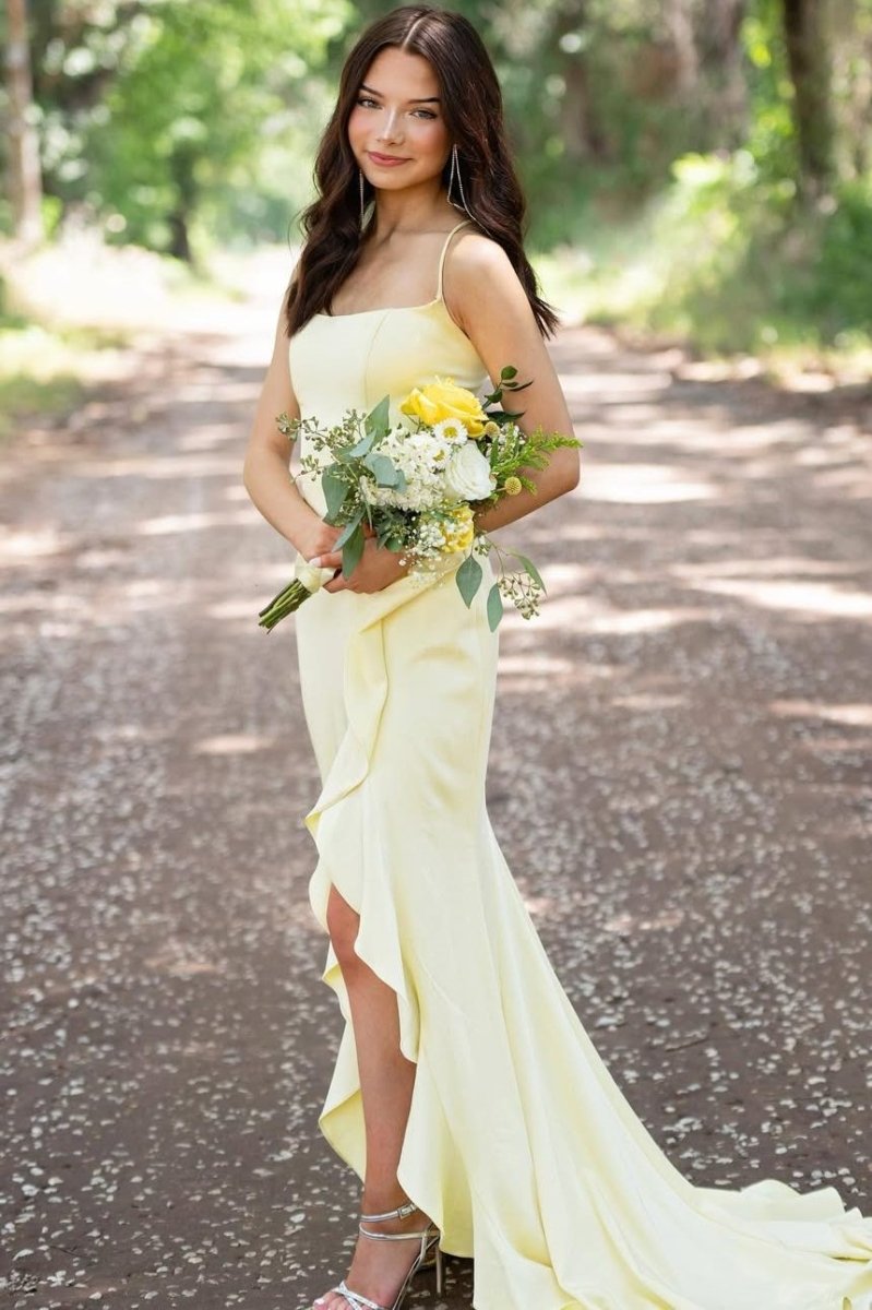 Yellow Spaghetti Straps Mermaid Satin Formal Prom Dress