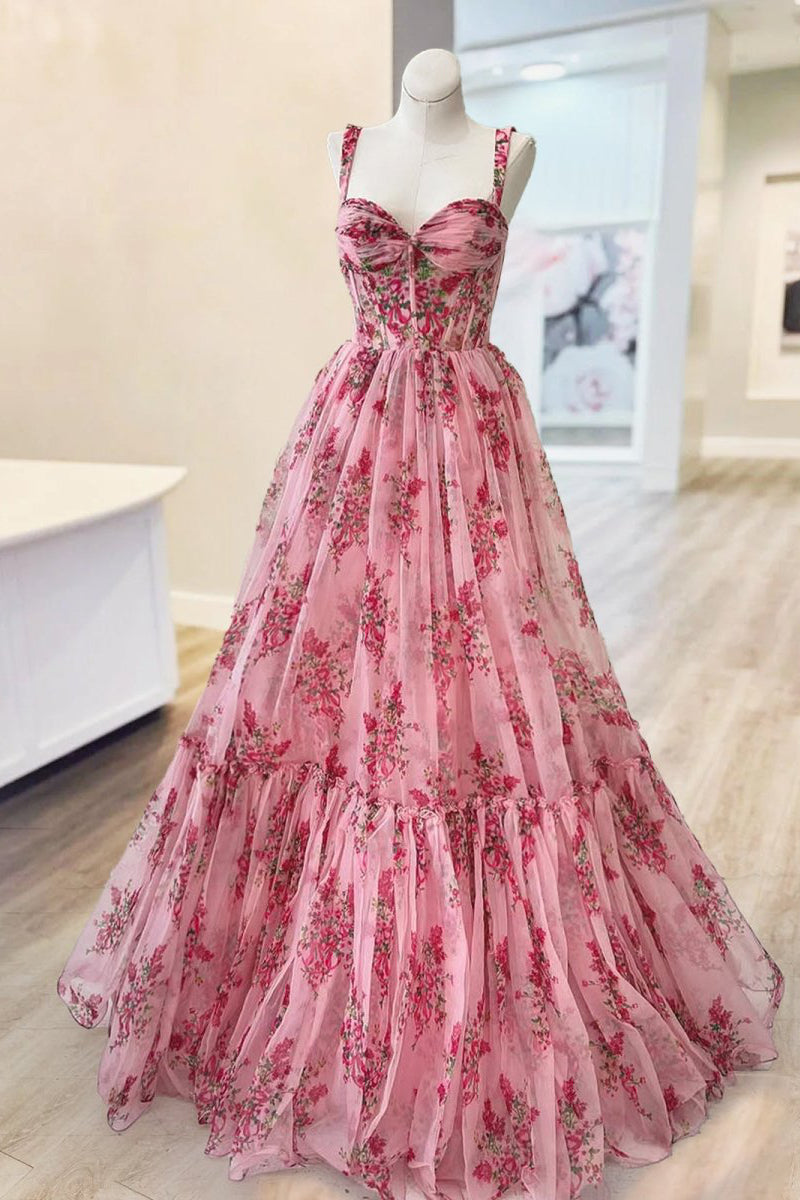 Pink Spaghetti Straps A Line Floral Printed Chiffon Long Prom Dress With Bow