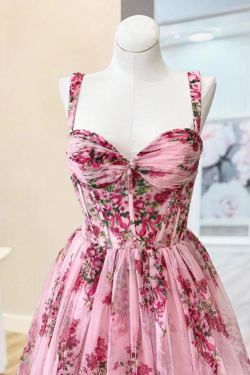 Pink Spaghetti Straps A Line Floral Printed Chiffon Long Prom Dress With Bow
