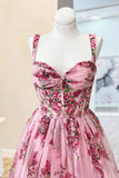 Pink Spaghetti Straps A Line Floral Printed Chiffon Long Prom Dress With Bow