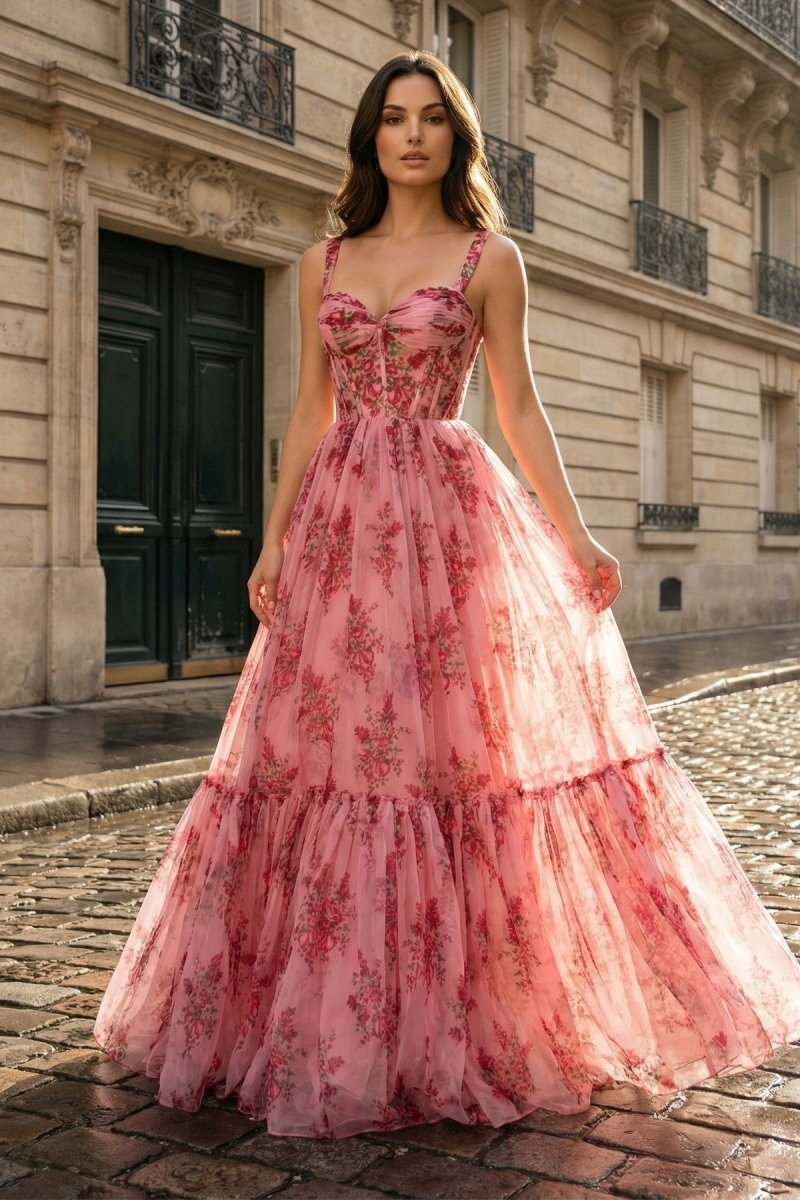 Pink Spaghetti Straps A Line Floral Printed Chiffon Long Prom Dress With Bow
