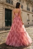 Pink Spaghetti Straps A Line Floral Printed Chiffon Long Prom Dress With Bow