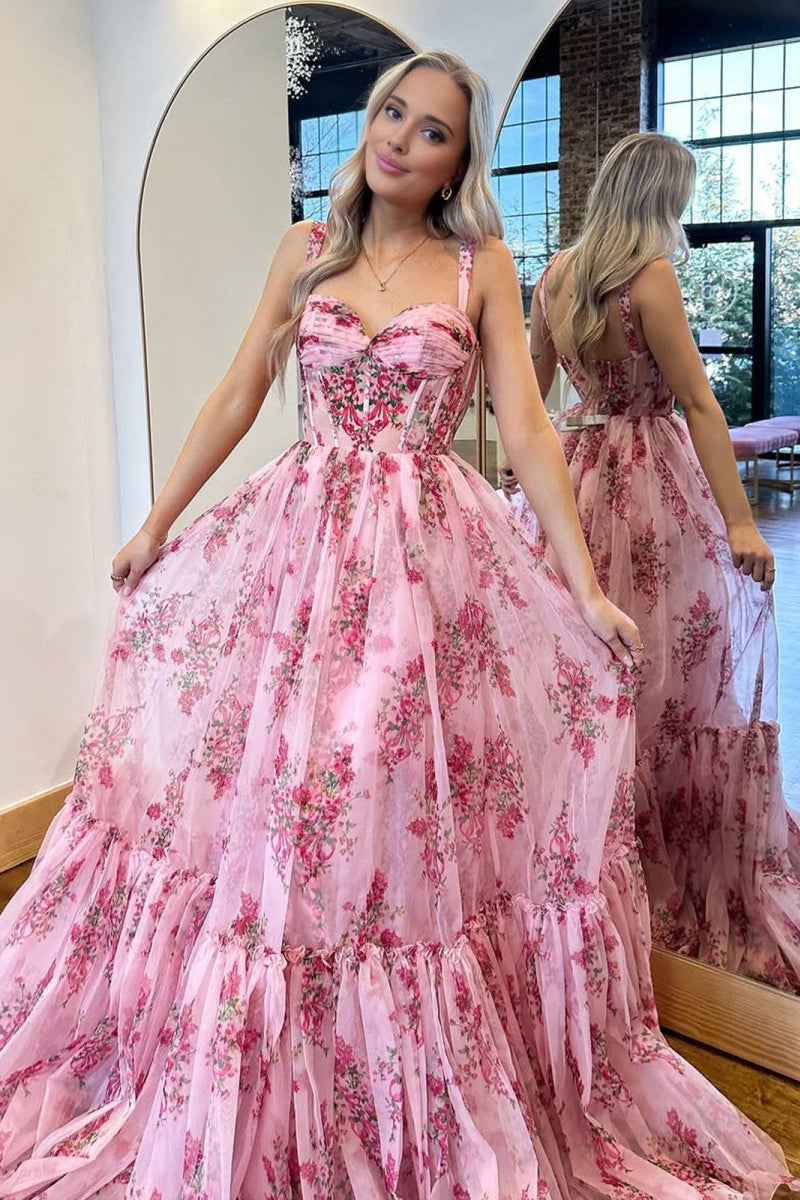 Pink Spaghetti Straps A Line Floral Printed Chiffon Long Prom Dress With Bow