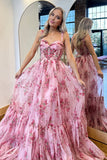 Pink Spaghetti Straps A Line Floral Printed Chiffon Long Prom Dress With Bow