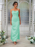Sheath/Column Satin Ruched Spaghetti Straps Sleeveless Ankle-Length Bridesmaid Dresses Evening Dress