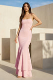 Pink Spaghetti Straps Mermaid Satin Long Prom Dress