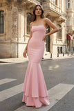 Pink Spaghetti Straps Mermaid Satin Long Prom Dress